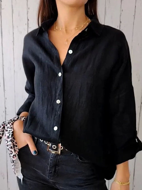 Women's Stylish Lapel Fashion Solid Color Button Long Sleeve Casual Shirt
