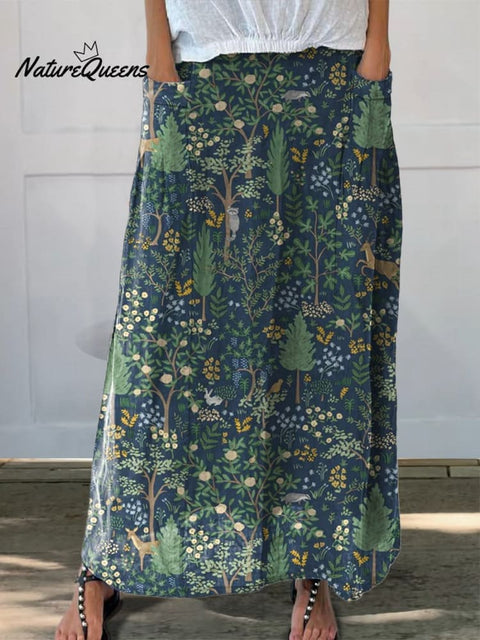 Night Woodland Repeat Pattern Printed Women's Linen Pocket Skirt