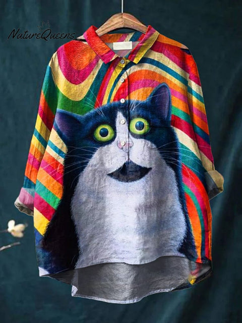 Women's Cat  Art Print Casual Cotton And Linen Shirt