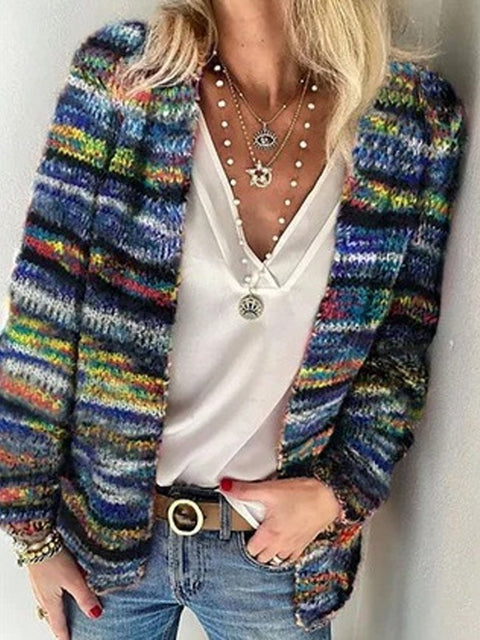 Women's Colorful Striped Casual Thin Knit Cardigan Jacket