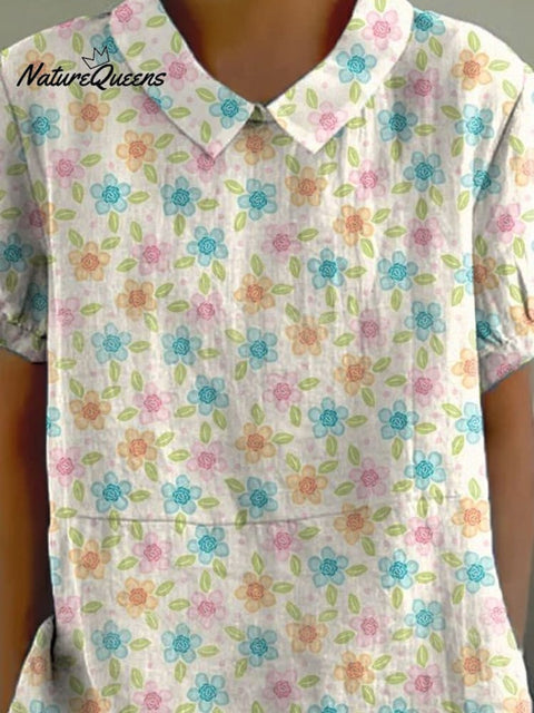 Lovely Summer Floral Pattern Printed Women's Casual Cotton And Linen Shirt