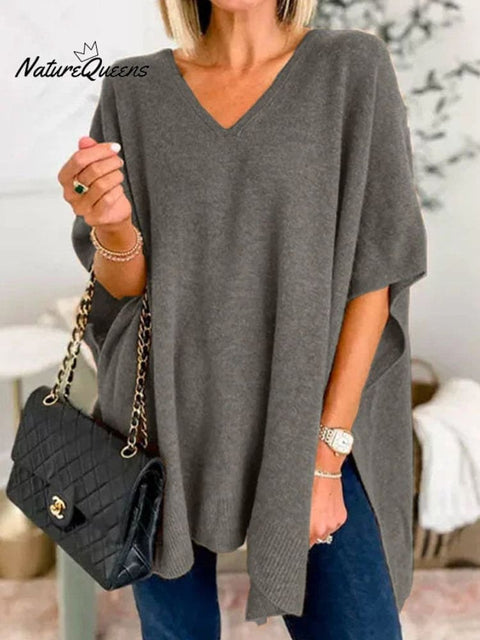 Women's Bat Sleeve Solid Color V-Neck Pullover Poncho Sweater