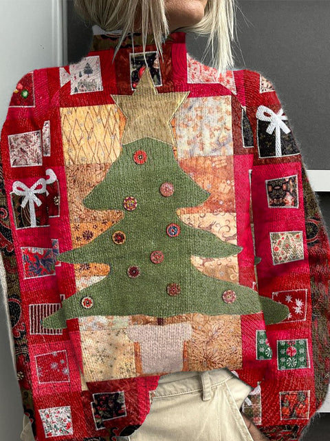 Retro Christmas Patchwork Print Knit Turtleneck Pullover Sweater