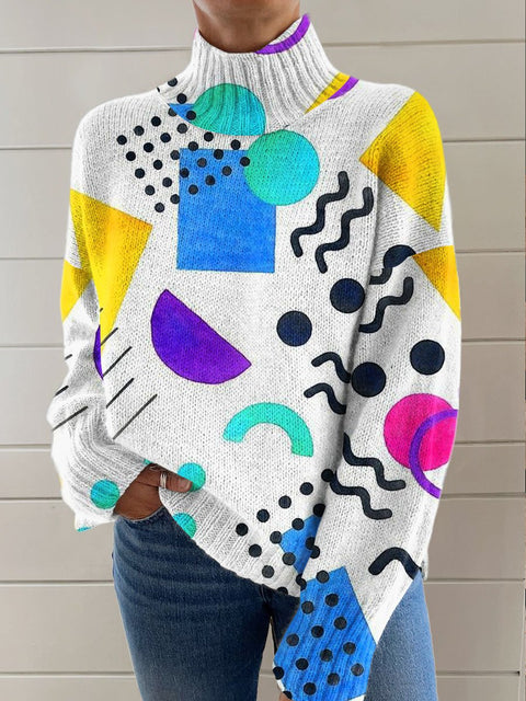 Abstract Geometric Art Print Knit Turtleneck Pullover Sweater