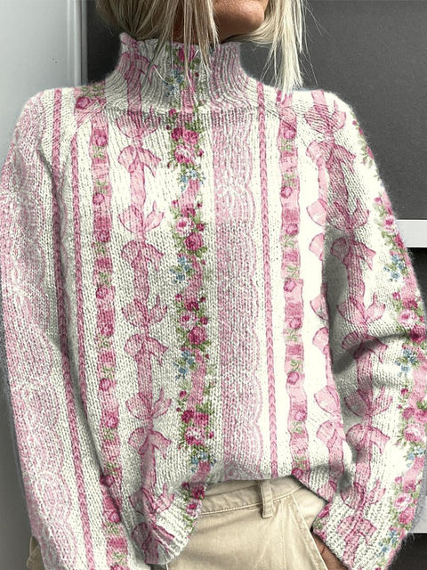 Pink Floret Bow Stripes Print Knit Turtleneck Pullover Sweater