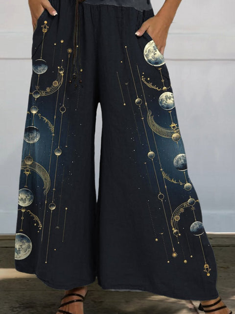 Mysterious Crecent Moon Art Printed Women's Cotton And Linen Casual Wide-Leg Pants