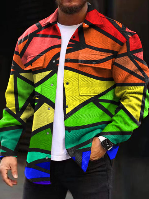 Men's Fashion Casual Long Sleeved Jacket with Colorful Splicing Line Printing