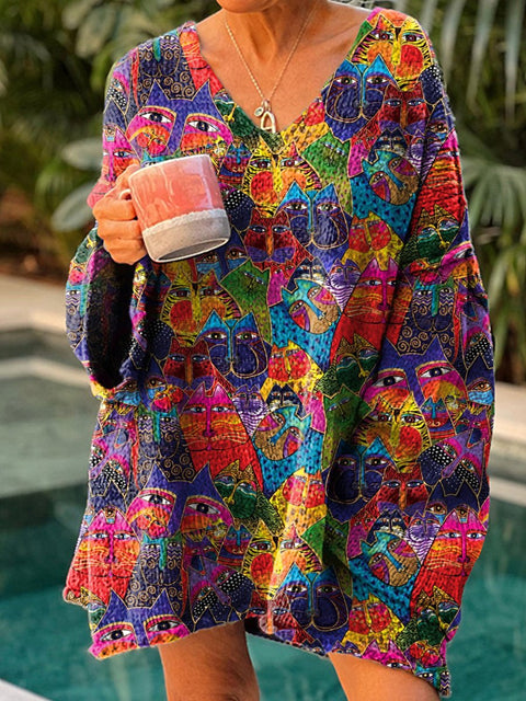 Hippie Styles Colorful Cat Pattern Printed Women's Casual Pullover Sweater