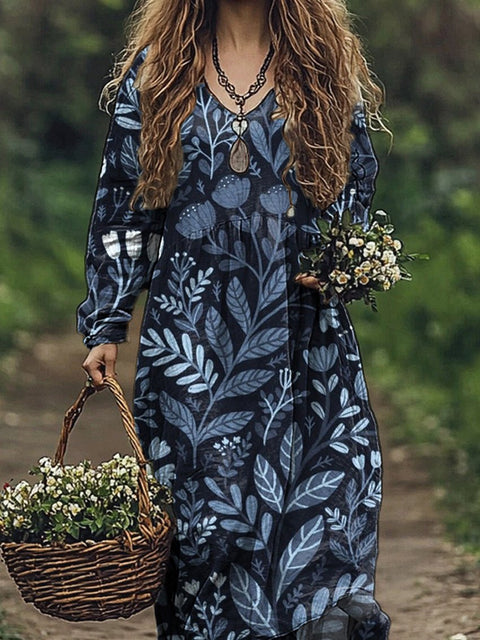 Tranquil Floral Garden Pattern Printed Women's Pocket Cotton Dress