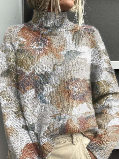Elegant Floral Decorative Pattern Knit Turtleneck Pullover Sweater