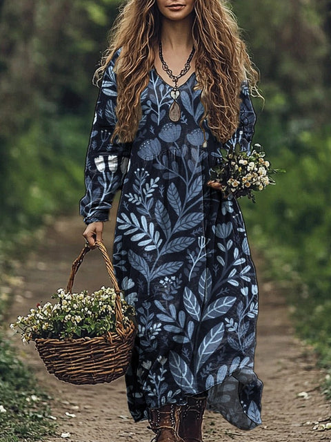 Tranquil Floral Garden Pattern Printed Women's Pocket Cotton Dress