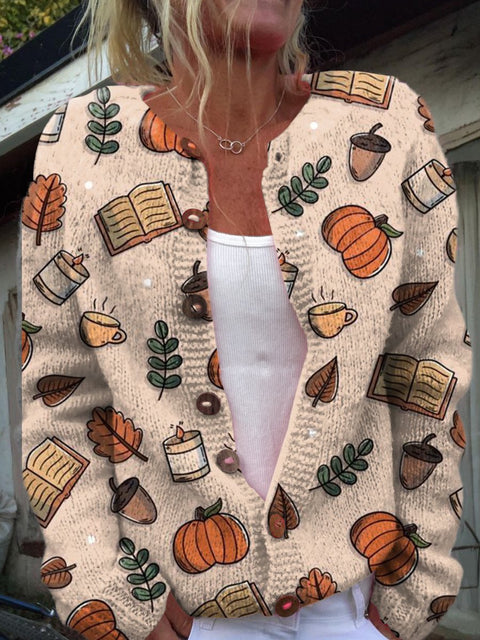 Autumn Leaves And Fruit Art Print Buttoned Cardigan Sweater
