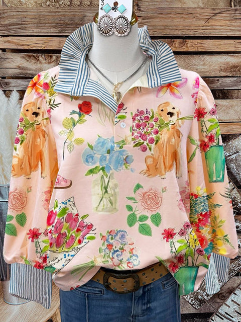 Women's Lovely Dogs Floral Art Print Casual Long Sleeve Comfortable Top