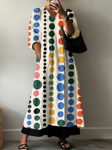 Women's Retro Abstraction Art Print Pocket V-neck Cotton Dress