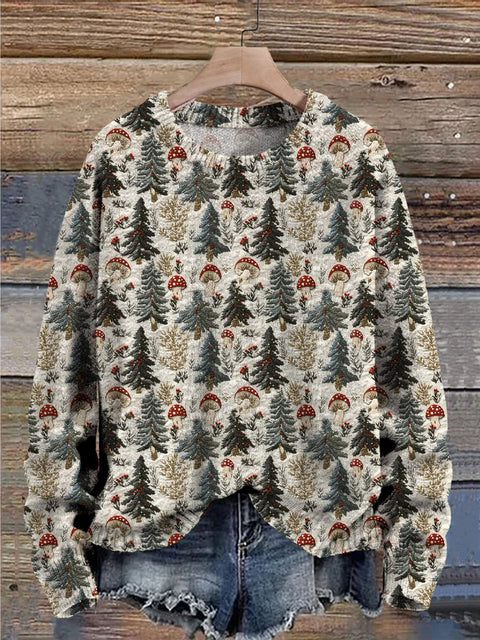 3D Christmas Tree And Mushroom Pattern Printed Knit Pullover Sweater