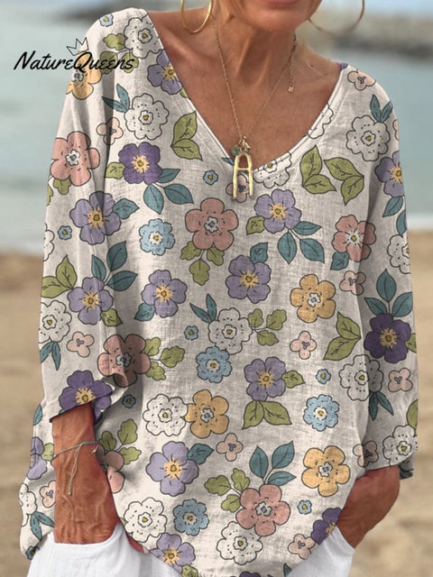 70s Style Sweet Floral Pattern Printed Women's Casual V-Neck Long Sleeve Comfortable Cotton T-Shirt