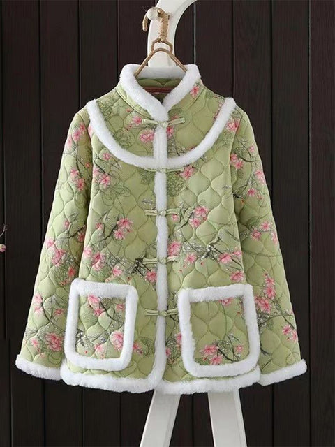 Women's Green and White Grid Chinese-style Padded Jacket