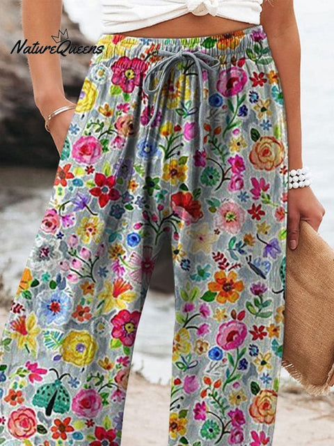 Hand Drawing Style Floral Garden Pattern Printed Women's Cotton And Linen Casual Pants