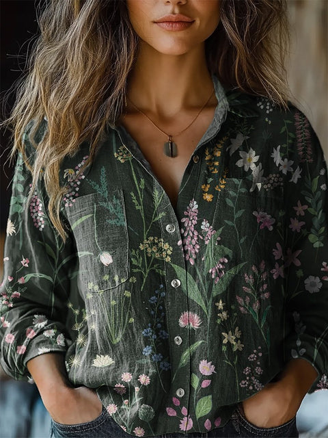 Spring Meadows Floral Pattern Printed Women's Casual Long Sleeve Comfortable Cotton Shirt