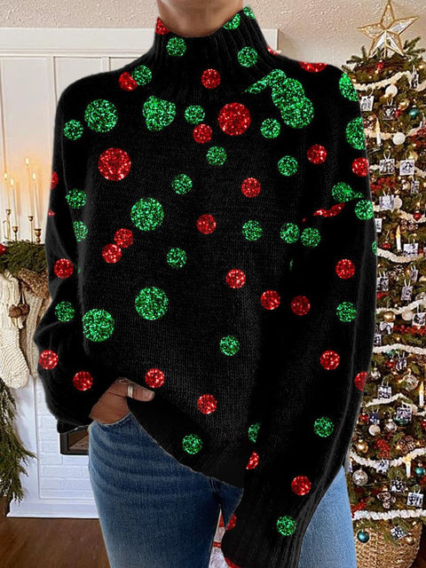 Glitter Christmas Print Knit Turtleneck Pullover Sweater