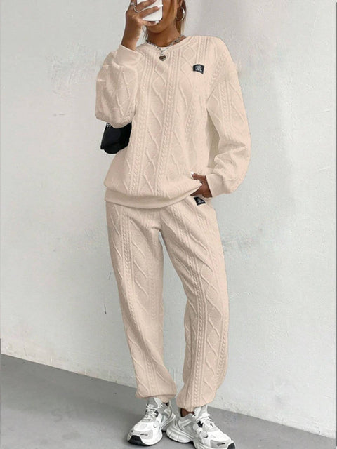 Women's Jacquard Long Sleeve Casual Round Neck Sweatshirt and Pants Suit