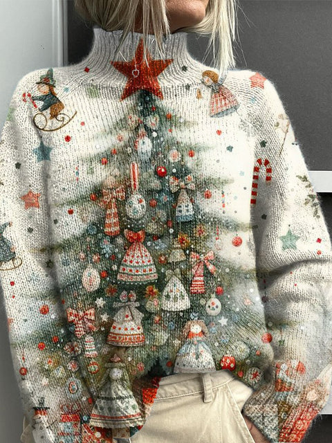 Cute Retro Christmas Tree Print Knit Turtleneck Pullover Sweater