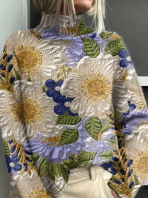 Oil Painting Style Flower Decorative Pattern Knit Turtleneck Pullover Sweater