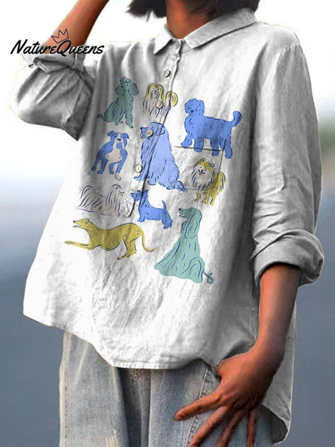 Lovely Puppy Dog Art Printed Women's Casual Cotton And Linen Shirt
