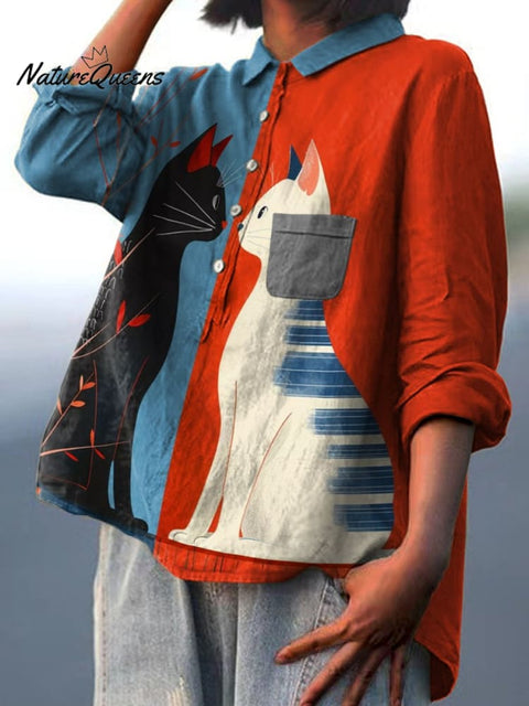 Black Cat and White Cat Sitting In Front of Blue and Red Background Decorative Pattern Casual Cotton And Linen Shirt