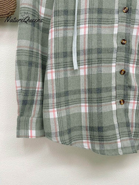 Women's Hooded Colorblock Plaid Stylish Casual Shirt Jacket