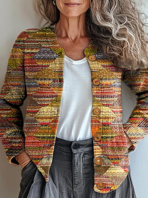Ethnic Style Patchwork Pattern Printed Buttoned Cardigan Sweater