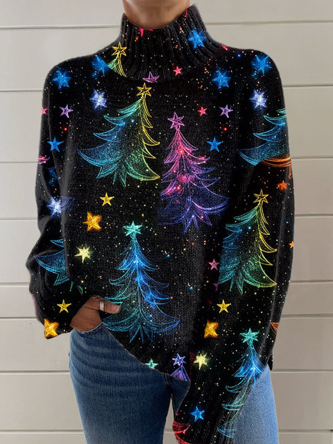 Glitter Christmas Print Knit Turtleneck Pullover Sweater