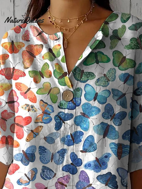 Rainbow Ombre Butterfly Pattern Printed Women's Casual Cotton Linen Shirt