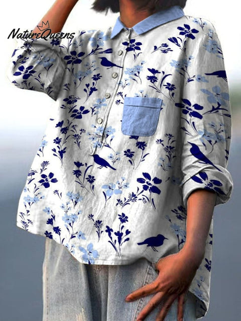 Decorative Pattern of Flowers and Birds In Blue Tones Casual Cotton And Linen Shirt
