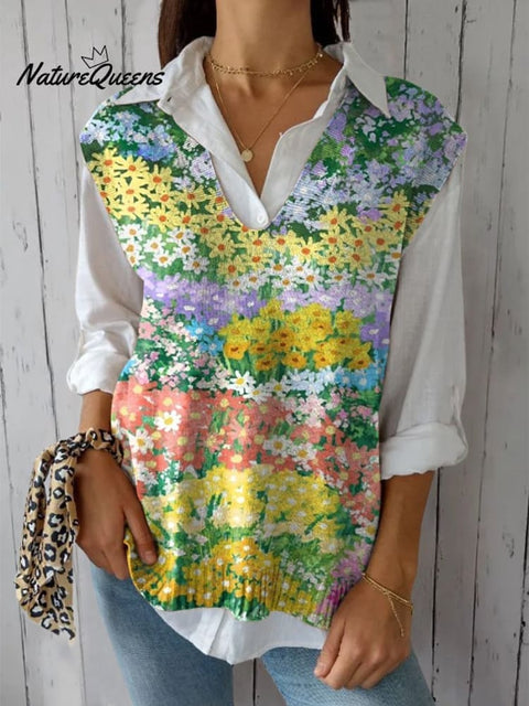 Blooming Summer Floral Field Pattern Printed Women's Versatile Knitted Vest