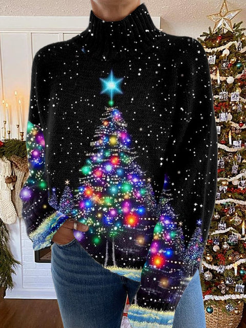 Glitter Christmas Print Knit Turtleneck Pullover Sweater