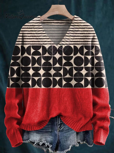 Artistry Geometric Pattern Printed Knit V-neck Pullover Sweater