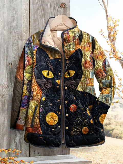 Women's Retro Cats Print Casual Quilted Jacket