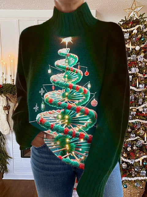 Glitter Christmas Print Knit Turtleneck Pullover Sweater