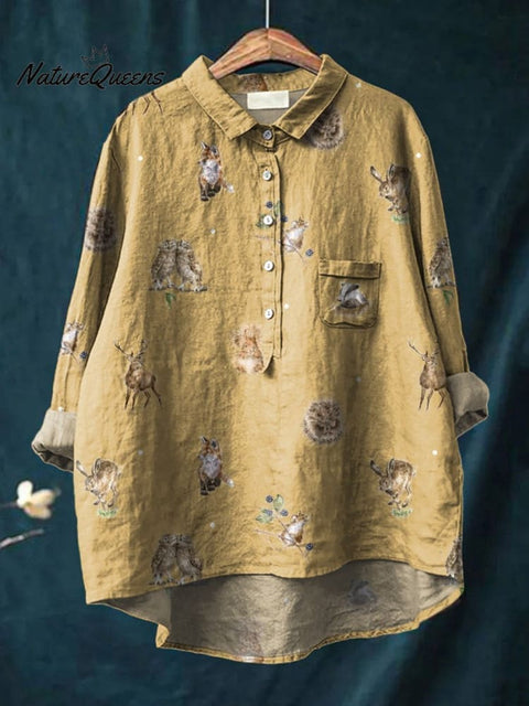 Petite Woodland Animals Pattern Printed Women's Casual Cotton And Linen Shirt