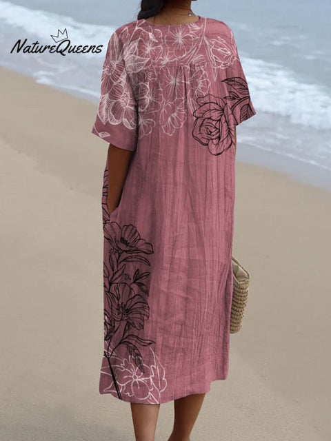 Black and White Line Drawing Floral Decorative Pattern Flowy Dress