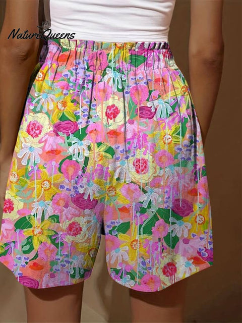 Abstract Colorful Summer Garden Printed Women's Casual Tiered Palazzo Pants