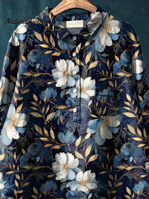 Midnight White Magnolia Floral Pattern Printed Women's Casual Cotton And Linen Shirt
