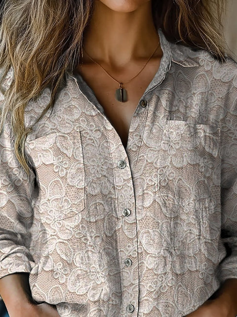 Elegant Lace Pattern Printed Women's Casual Long Sleeve Comfortable Cotton Shirt
