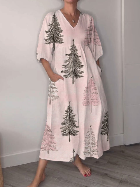Women's Pink Lovely Christmas Tree Print Pocket V-neck Cotton Dress