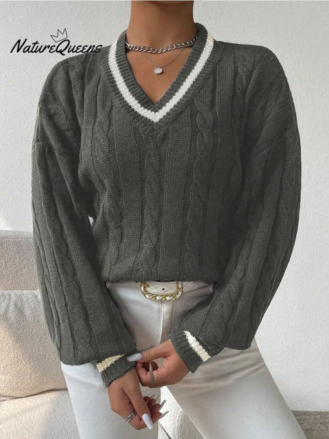 Autumn and winter sweaters, fashionable loose V-neck twist sweaters, versatile tops for women