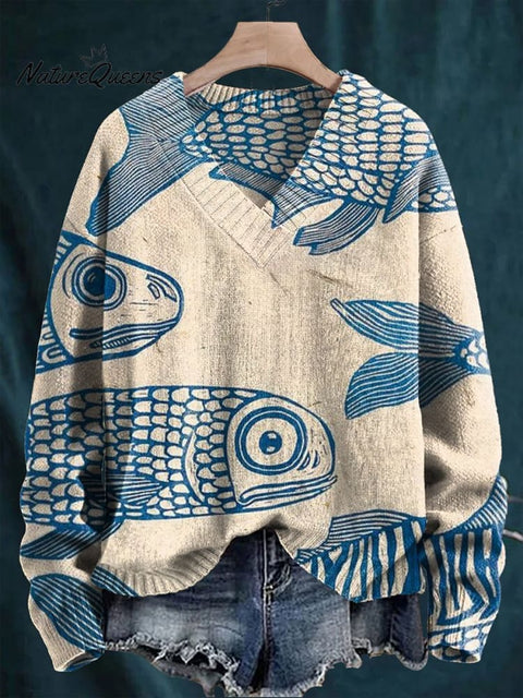 Men's V-neck Women's Blue Minimalist Line Fish Print Long Sleeve Sweater
