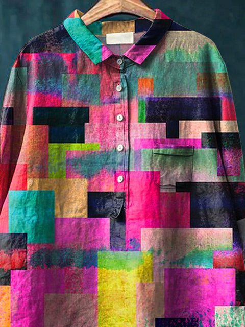 Abstract Geometric Pattern Printed Women's Casual Cotton And Linen Shirt