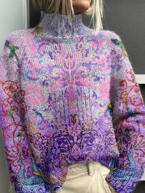 Purple Gradient Pattern Print Knit Turtleneck Pullover Sweater