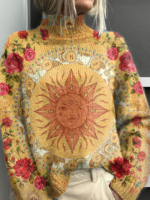Women's Lovely Sun Floral Art Print Knit Turtleneck Pullover Sweater